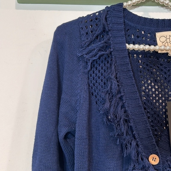 NWT CHASER Navy Blue Fringe Crochet Cable Knit Boho button front Sweater Medium - Picture 3 of 6